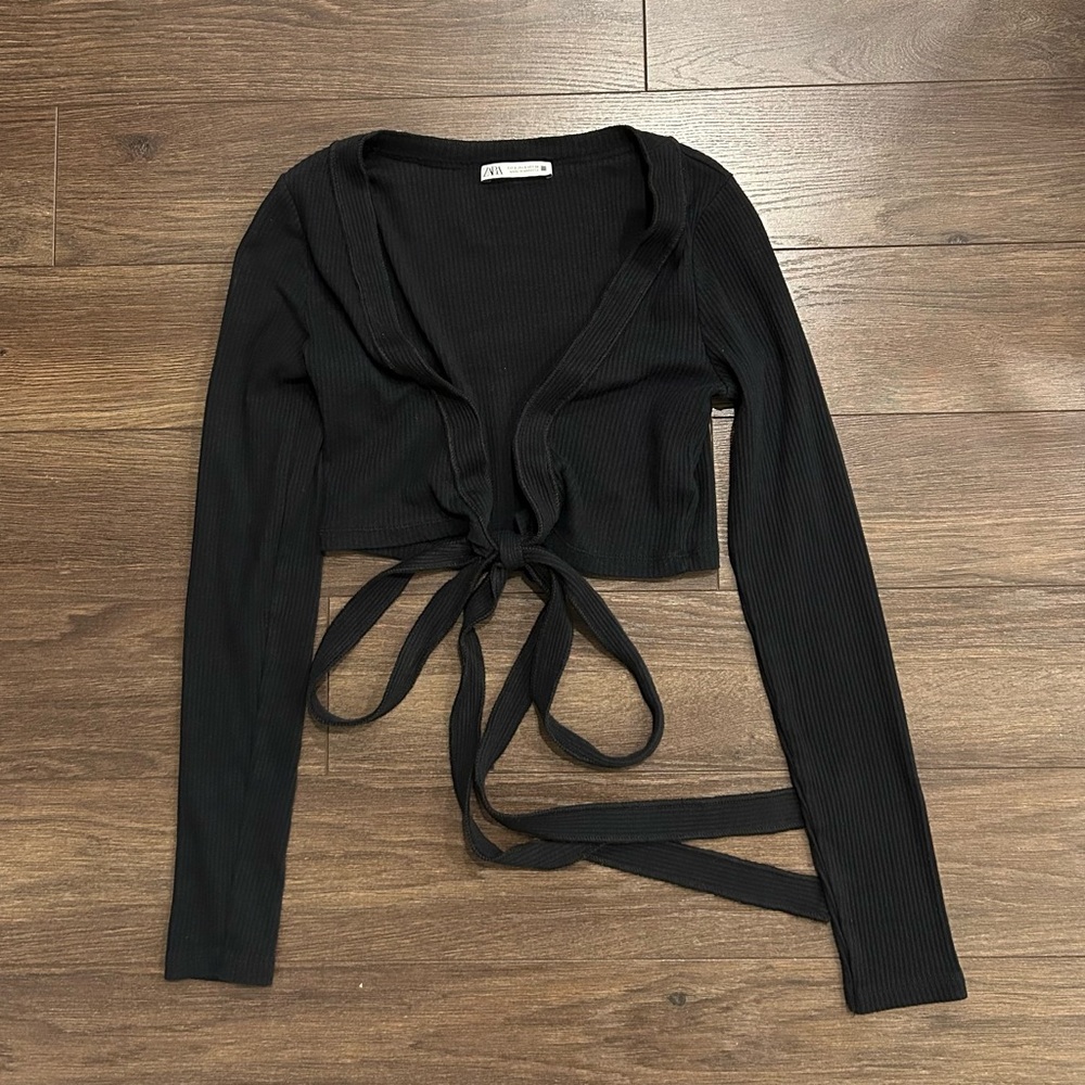ZARA Black Ribbed Tie-Front Top